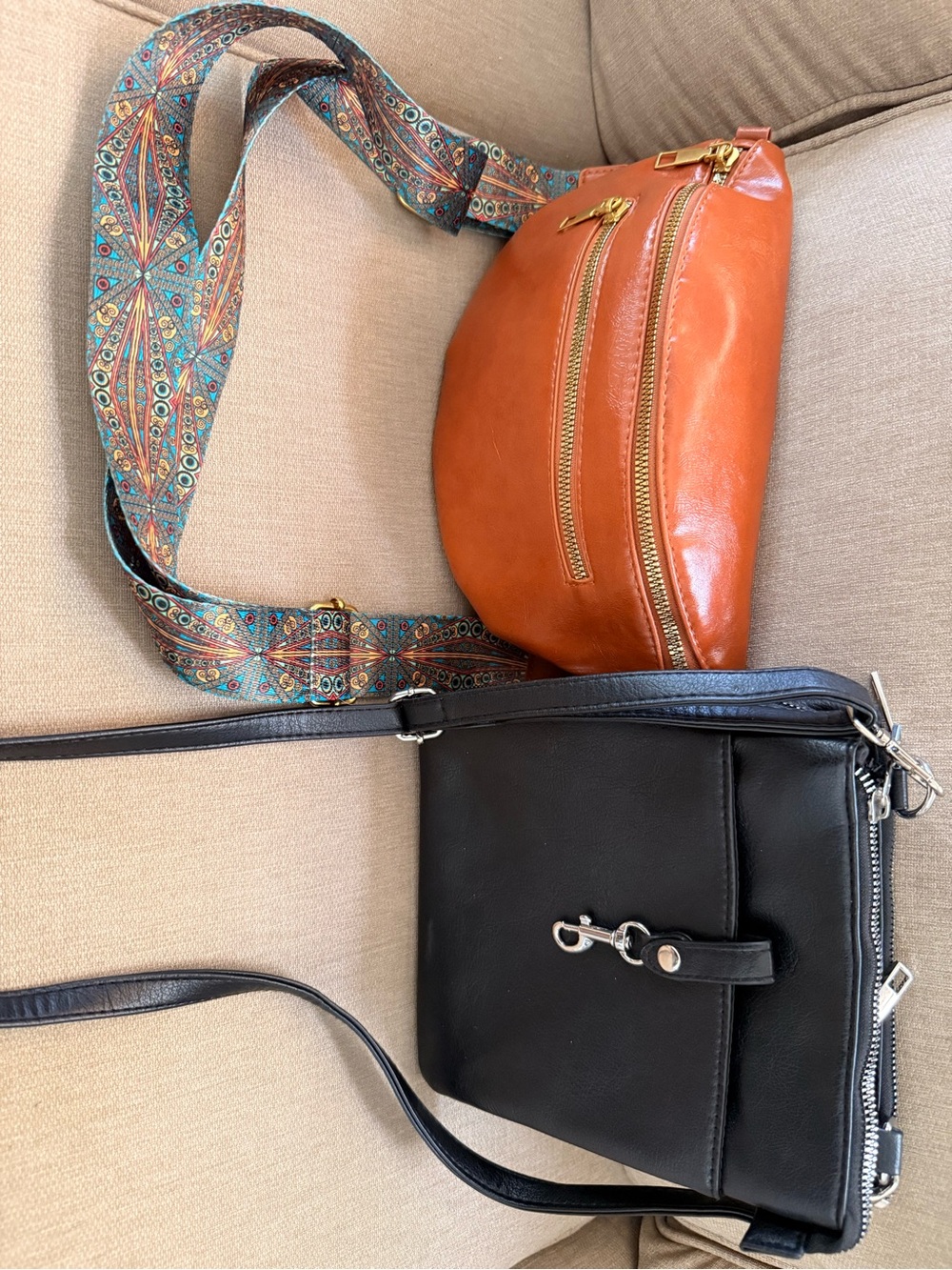 Leather Crossbody & Belt Bag Set in Orange and Black